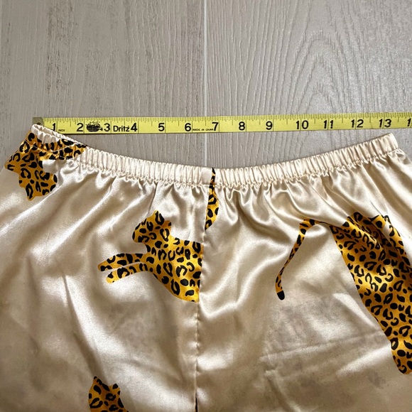 Two Piece Satin Leopard Pajamas Short Sleeve Button Down Top and Shorts Set - Picture 8 of 9